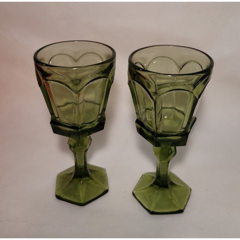 Vintage NOS Fostoria Virginia Green Glass 6” goblets 2PC Water Wine Stem Glasses